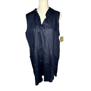 𝅺for cynthia Beachwear Navy Blue Linen Sleeveless Tunic Size L NWT